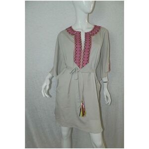 Boheme ‎ Tunic Dress Beige  Embroidery Geometric Pink Trim Size Medium